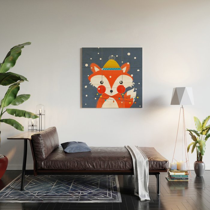 Cute christmas fox in the snow Wood Wall Art Gallery Image 2