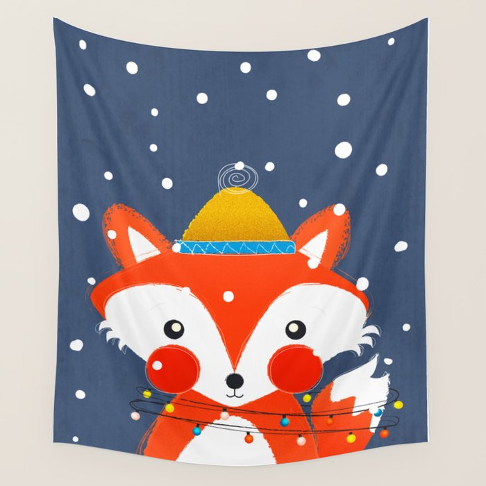 Cute christmas fox in the snow Wall Tapestry Gallery Image 4