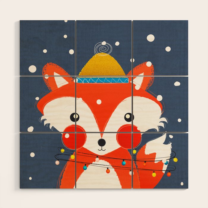 Cute christmas fox in the snow Wood Wall Art Gallery Image 1