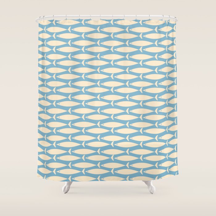 Coastal Fish Mid Century Minimalist Pattern in Blue Shower Curtain Gallery Image 1