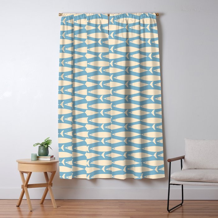 Coastal Fish Mid Century Minimalist Pattern in Blue Window Curtain Gallery Image 1