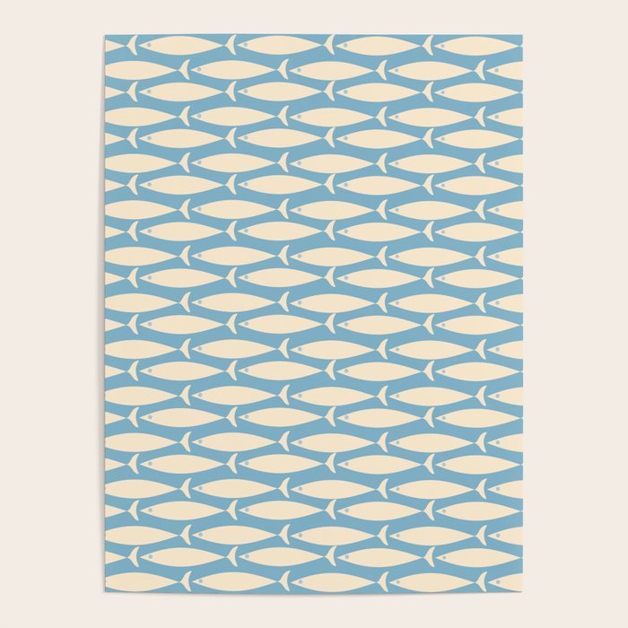 Coastal Fish Mid Century Minimalist Pattern in Blue Poster Gallery Image 1