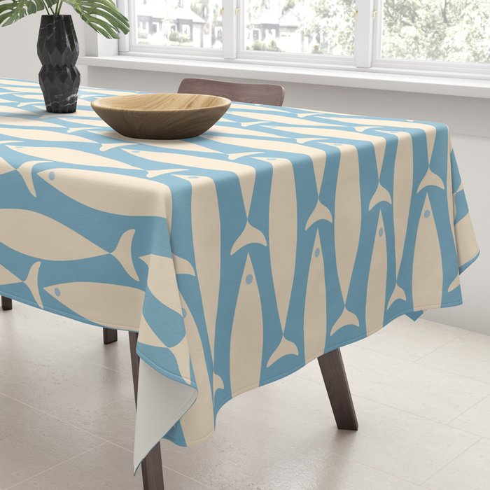 Coastal Fish Mid Century Minimalist Pattern in Blue Tablecloth Gallery Image 3