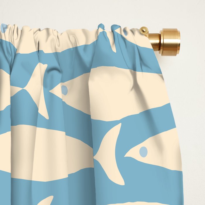 Coastal Fish Mid Century Minimalist Pattern in Blue Window Curtain Gallery Image 2