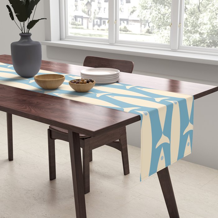 Coastal Fish Mid Century Minimalist Pattern in Blue Table Runner Gallery Image 2