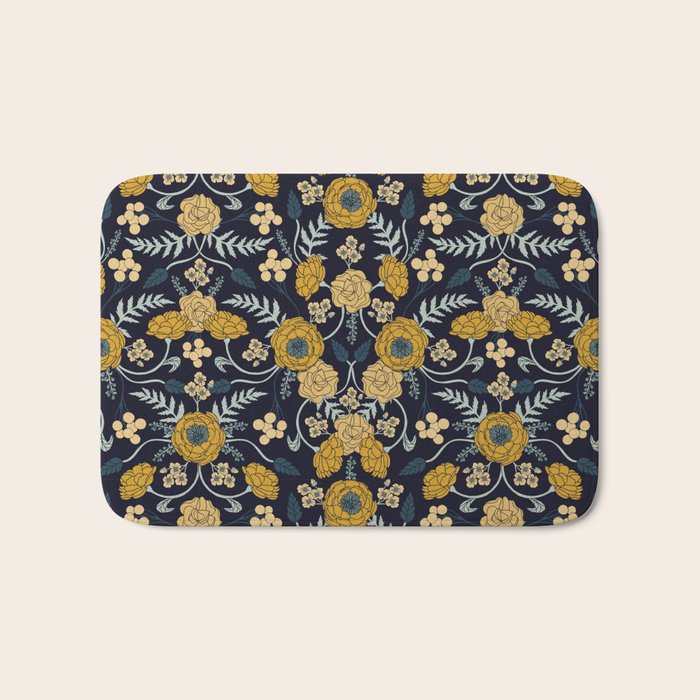 Navy Blue, Turquoise, Cream & Mustard Yellow Dark Floral Pattern Bath Mat Gallery Image 1