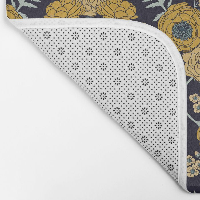 Navy Blue, Turquoise, Cream & Mustard Yellow Dark Floral Pattern Bath Mat Gallery Image 2