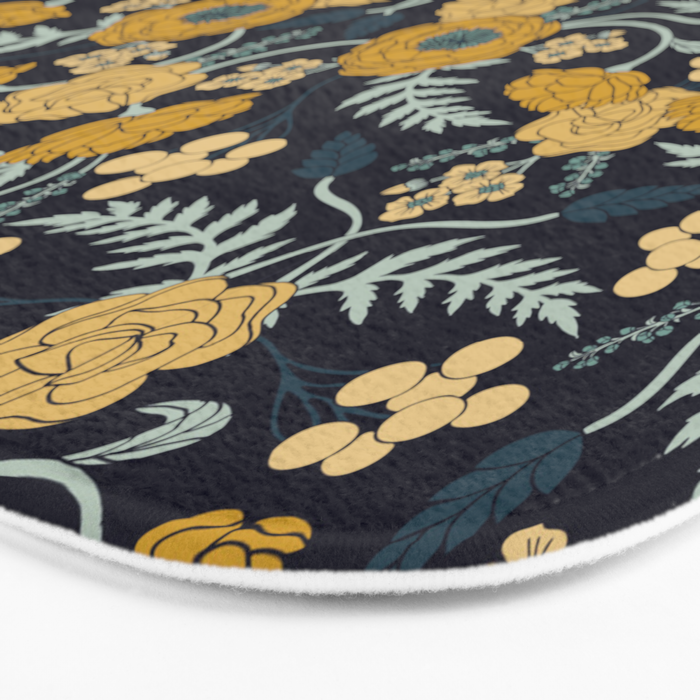 Navy Blue, Turquoise, Cream & Mustard Yellow Dark Floral Pattern Bath Mat Gallery Image 3