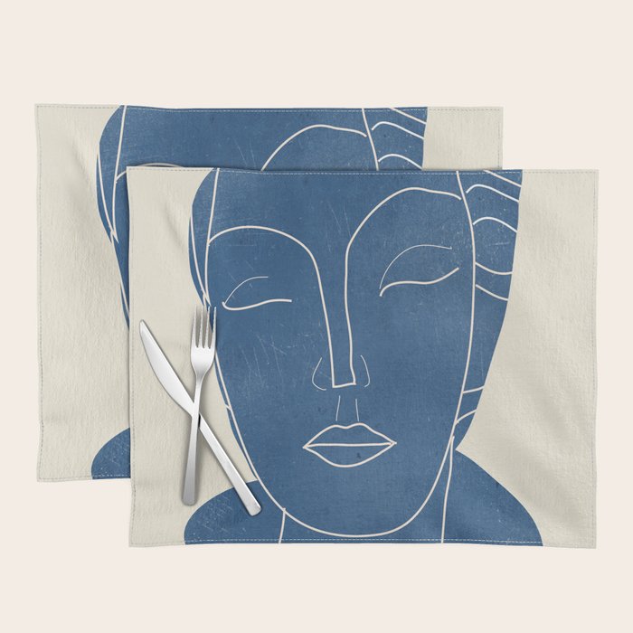 Lady Portrait Minimal Line Art 3 Blue Placemat Gallery Image 1