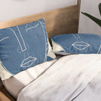 Lady Portrait Minimal Line Art 3 Blue Pillow Sham Gallery Image 2