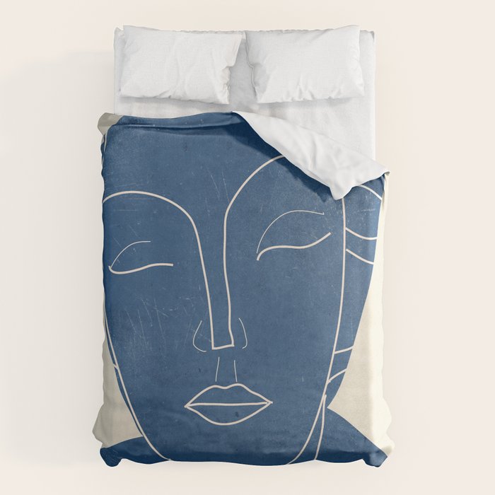 Lady Portrait Minimal Line Art 3 Blue Duvet Cover Gallery Image 6