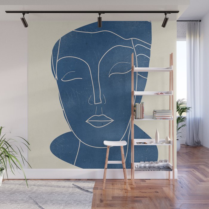 Lady Portrait Minimal Line Art 3 Blue Wall Mural Gallery Image 1