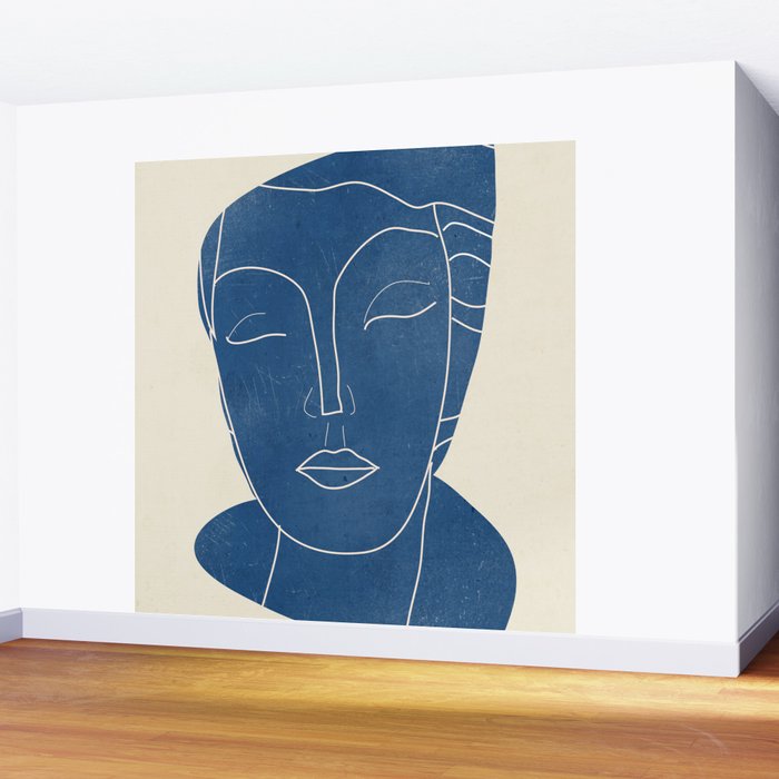 Lady Portrait Minimal Line Art 3 Blue Wall Mural Gallery Image 2