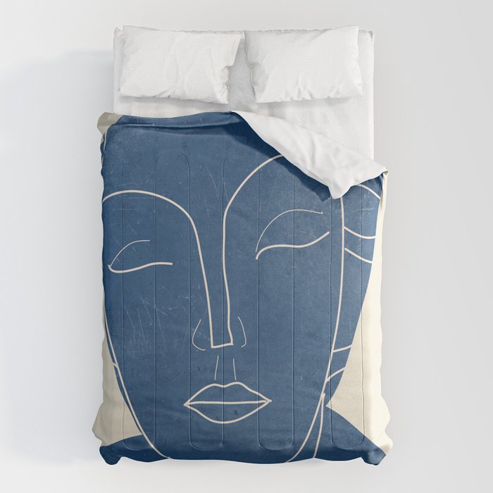 Lady Portrait Minimal Line Art 3 Blue Comforter Gallery Image 6