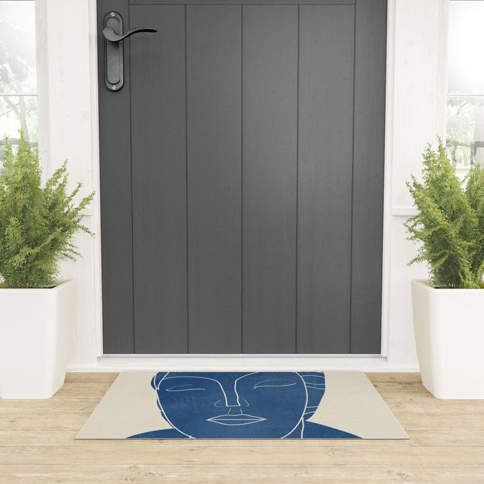 Lady Portrait Minimal Line Art 3 Blue Welcome Mat Gallery Image 3