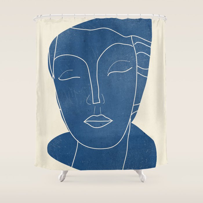 Lady Portrait Minimal Line Art 3 Blue Shower Curtain Gallery Image 1