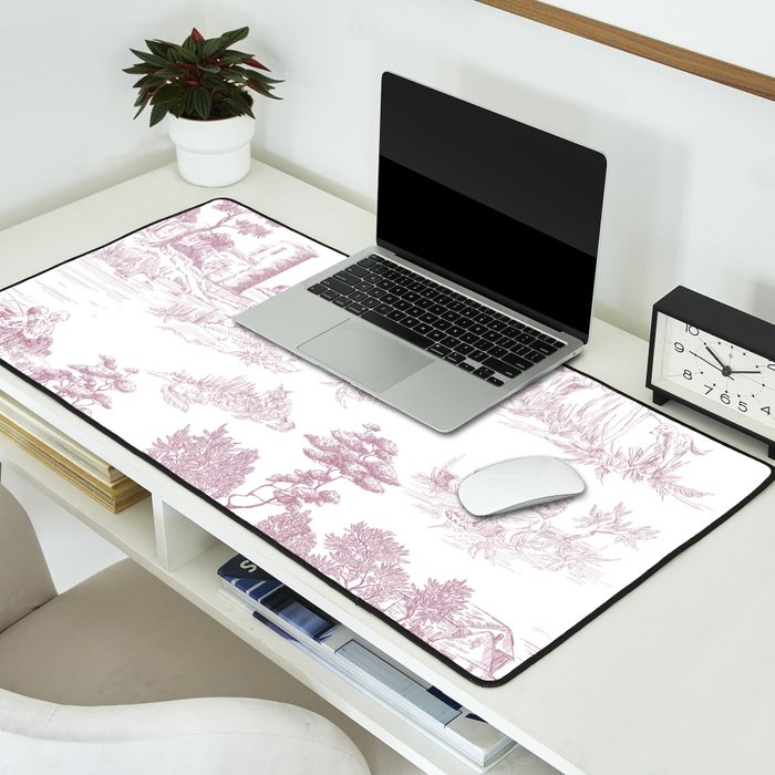 Toile de Jouy French Vintage Rose Lilac Blush & White Desk Mat Gallery Image 2