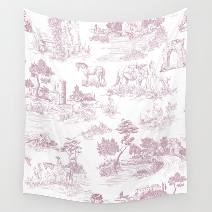 Toile de Jouy French Vintage Rose Lilac Blush & White Wall Tapestry Gallery Image 4
