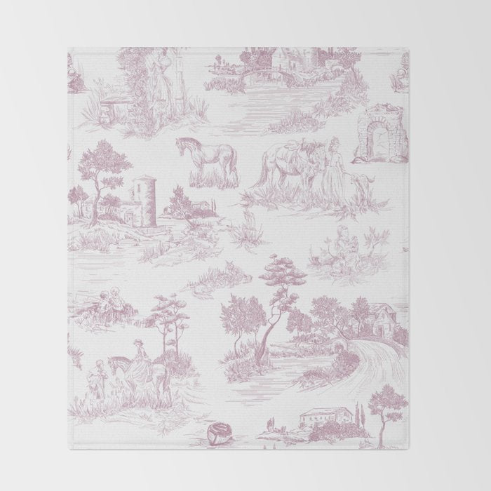 Toile de Jouy French Vintage Rose Lilac Blush & White Throw Blanket Gallery Image 2