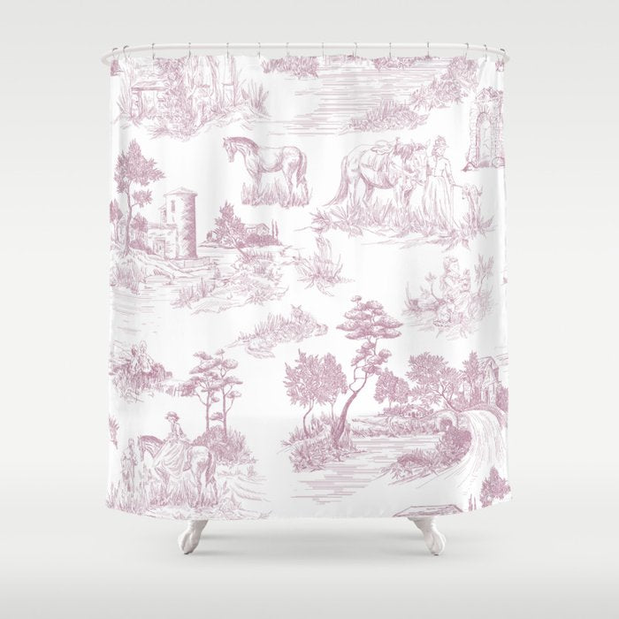 Toile de Jouy French Vintage Rose Lilac Blush & White Shower Curtain Gallery Image 1