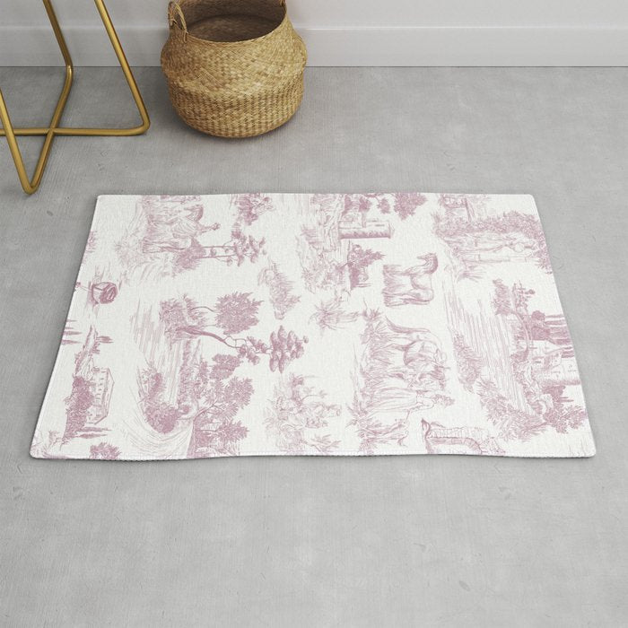 Toile de Jouy French Vintage Rose Lilac Blush & White Rug Gallery Image 1