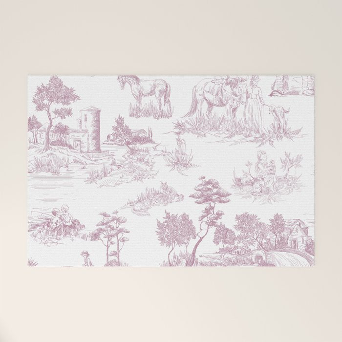 Toile de Jouy French Vintage Rose Lilac Blush & White Welcome Mat Gallery Image 1