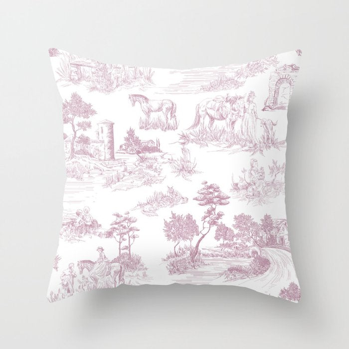 Toile de Jouy French Vintage Rose Lilac Blush & White Throw Pillow Gallery Image 6