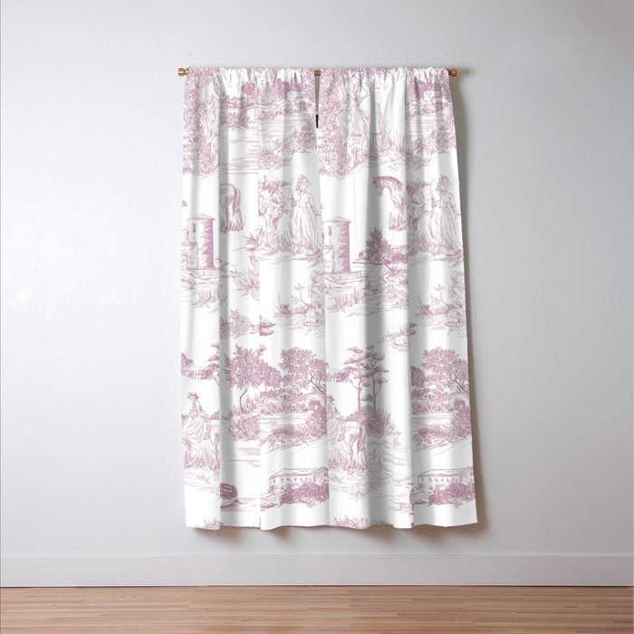 Toile de Jouy French Vintage Rose Lilac Blush & White Window Curtain Gallery Image 3