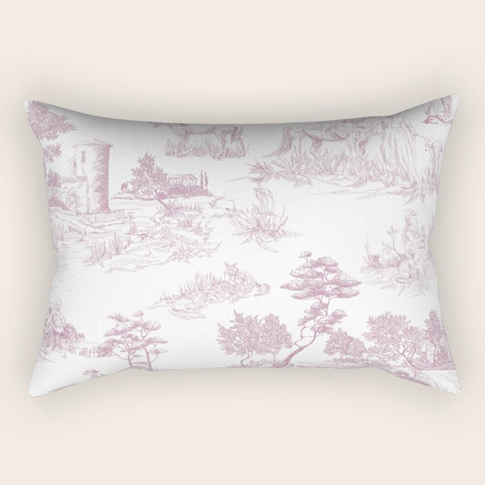 Toile de Jouy French Vintage Rose Lilac Blush & White Rectangular Pillow Gallery Image 1