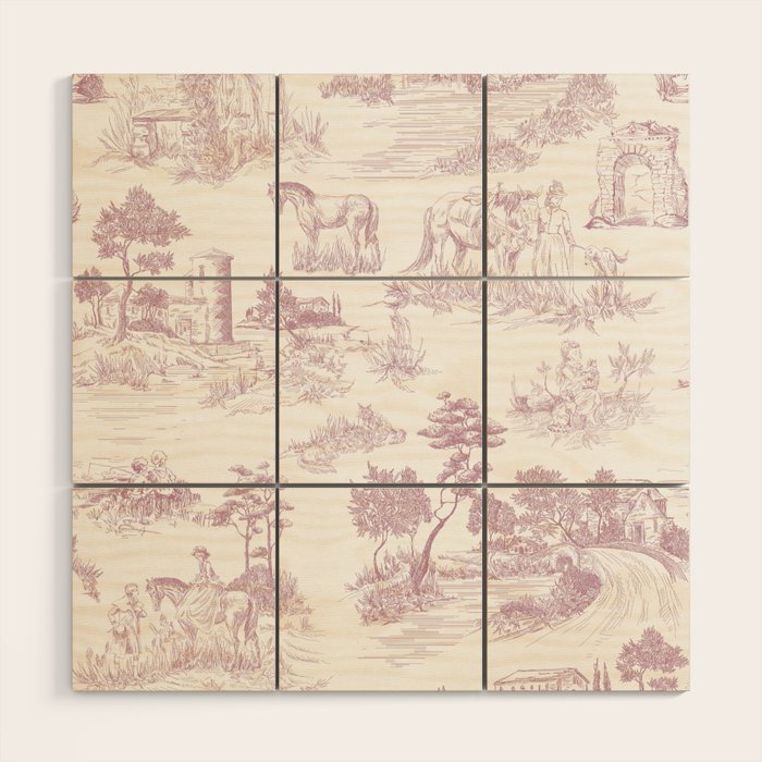 Toile de Jouy French Vintage Rose Lilac Blush & White Wood Wall Art Gallery Image 1