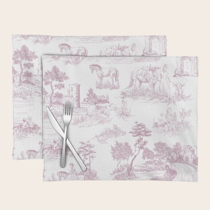 Toile de Jouy French Vintage Rose Lilac Blush & White Placemat Gallery Image 1