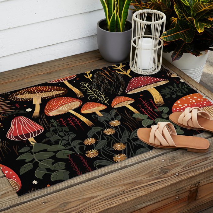 Dark Forest Magic Mushrooms Art Outdoor Rug Gallery Image 2