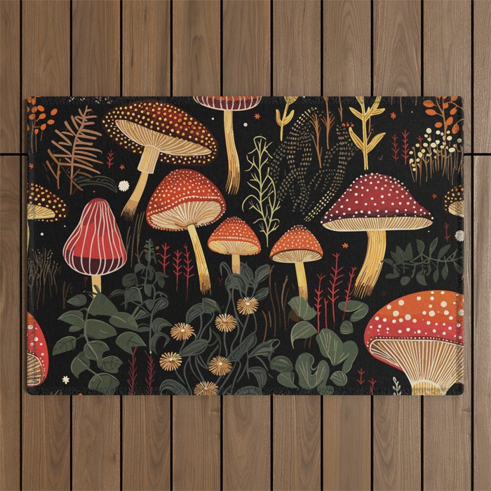 Dark Forest Magic Mushrooms Art Outdoor Rug Gallery Image 1