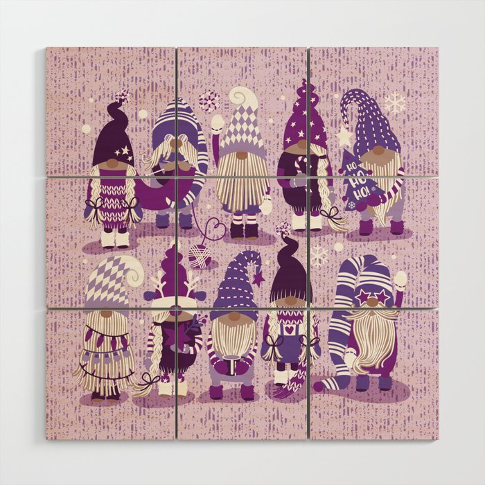 Let it gnome // monochromatic violet little Santa's helpers preparing for Christmas Wood Wall Art Gallery Image 1