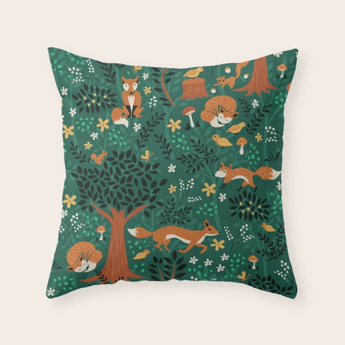 Foxes Playing in the Emerald Forest Throw Pillow Gallery Image 6