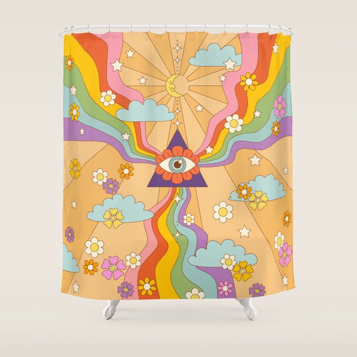 retro hippie boho rainbow print  Shower Curtain Gallery Image 1