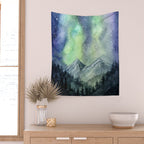 Northern Lights Magic Mountains Wall Tapestry Gallery Image 2