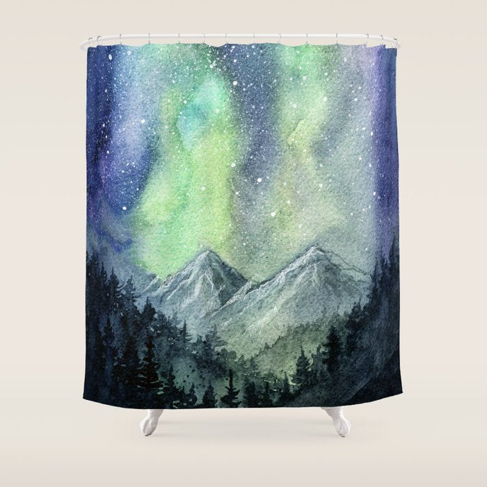 Northern Lights Magic Mountains Shower Curtain Gallery Image 1