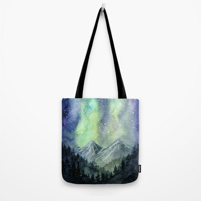 Northern Lights Magic Mountains Tote Bag Gallery Image 2