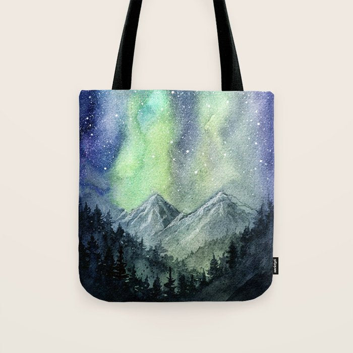 Northern Lights Magic Mountains Tote Bag Gallery Image 1