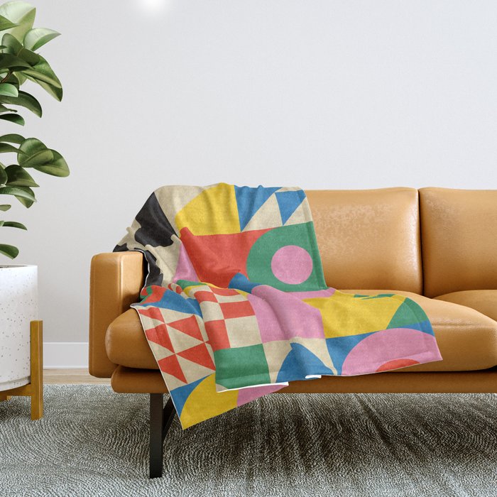 Colorful mid century retro geometric shapes  Throw Blanket Gallery Image 1