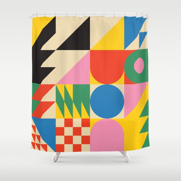 Colorful mid century retro geometric shapes  Shower Curtain Gallery Image 1