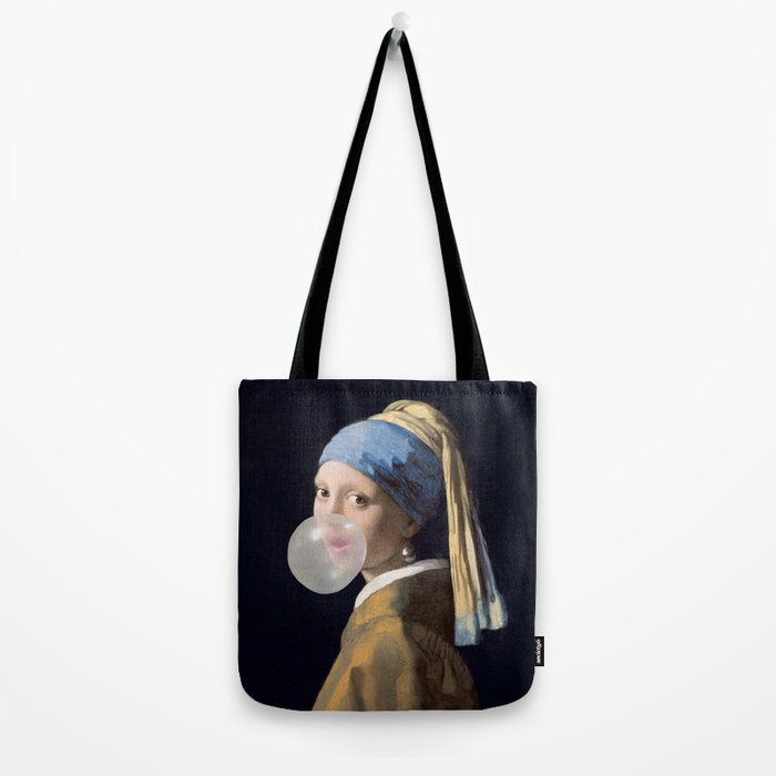 Girl with pearl earring blowing bubble gum Tote Bag Gallery Image 2