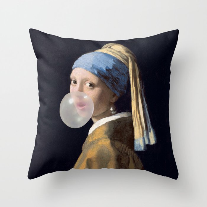 Girl with pearl earring blowing bubble gum Throw Pillow Gallery Image 6