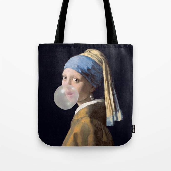 Girl with pearl earring blowing bubble gum Tote Bag Gallery Image 1