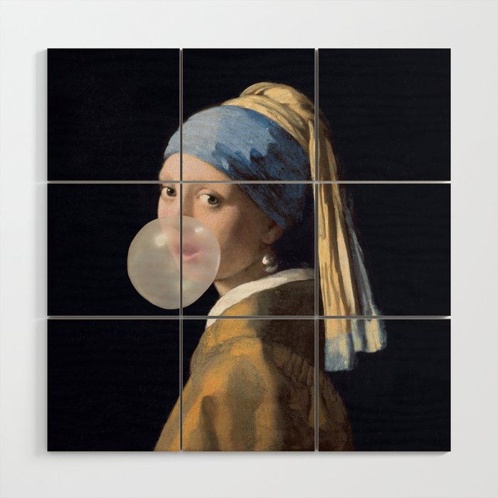 Girl with pearl earring blowing bubble gum Wood Wall Art Gallery Image 1