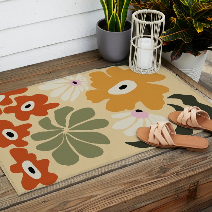 Retro abstract floral  Outdoor Rug Gallery Image 2
