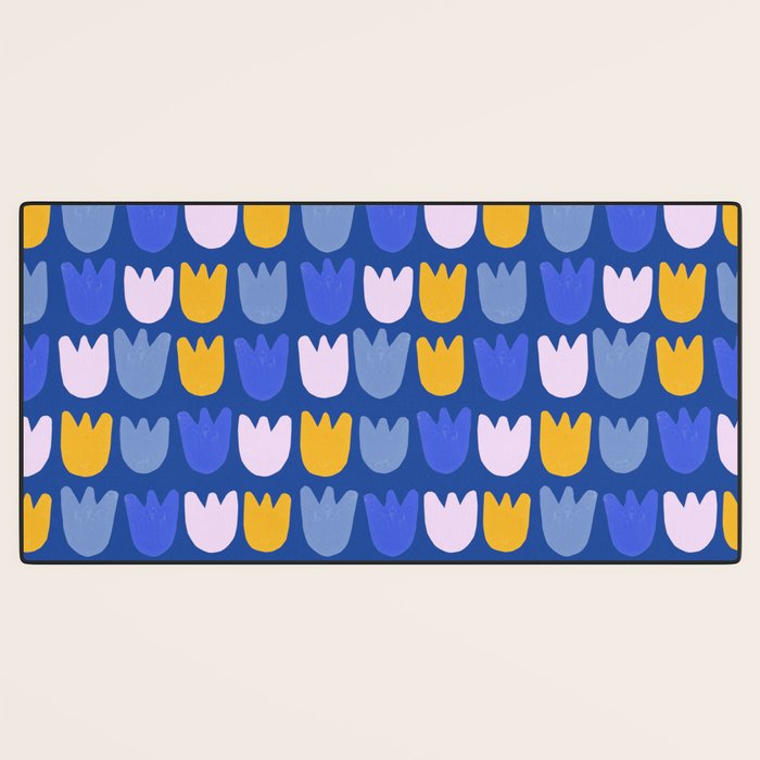 Rows of Tulips in Bloom in Blue & Mustard Yellow Desk Mat Gallery Image 3
