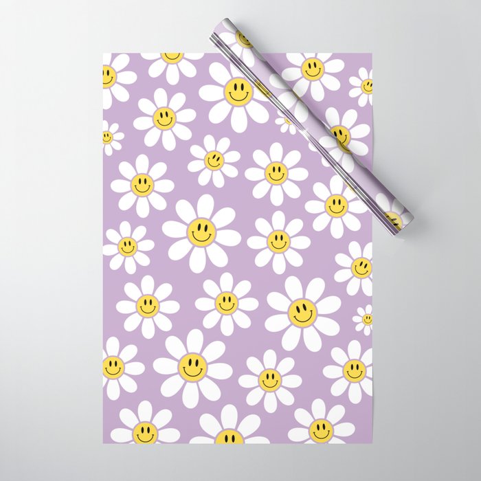 Smiley Face Daisies (Purple) Wrapping Paper Gallery Image 1