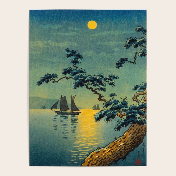 Tsuchiya Koitsu Maiko Seashore Japanese Woodblock Print Night Time Moon Over Ocean Sailboat Poster Gallery Image 4
